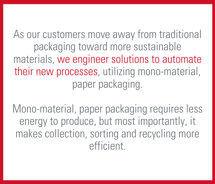 As our customers move away from traditional (multi-materials, plastic + paper) packaging, we engineer solutions to automate their new processes, utilizing mono-material, paper packaging. Mono-material, paper packaging requires less energy to produce, but most importantly, it makes collection, sorting and recycling more efficient.