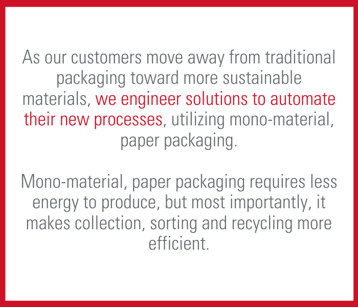 Sustainability Drives Packaging Design As our customers move away from traditional (multi-materials, plastic + paper) packaging, we engineer solutions to automate their new processes, utilizing mono-material, paper packaging. Mono-material, paper packaging requires less energy to produce, but most importantly, it makes collection, sorting and recycling more efficient.